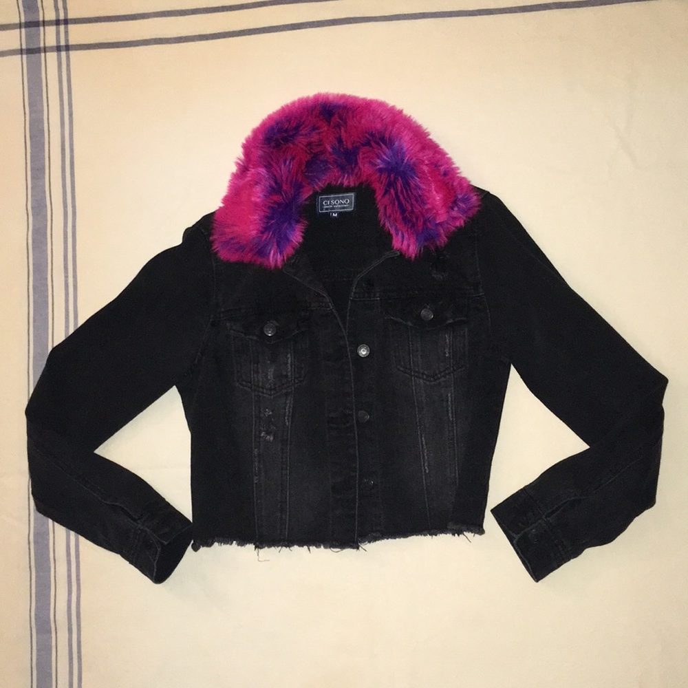 Black denim cropped jacket with faux fur collar